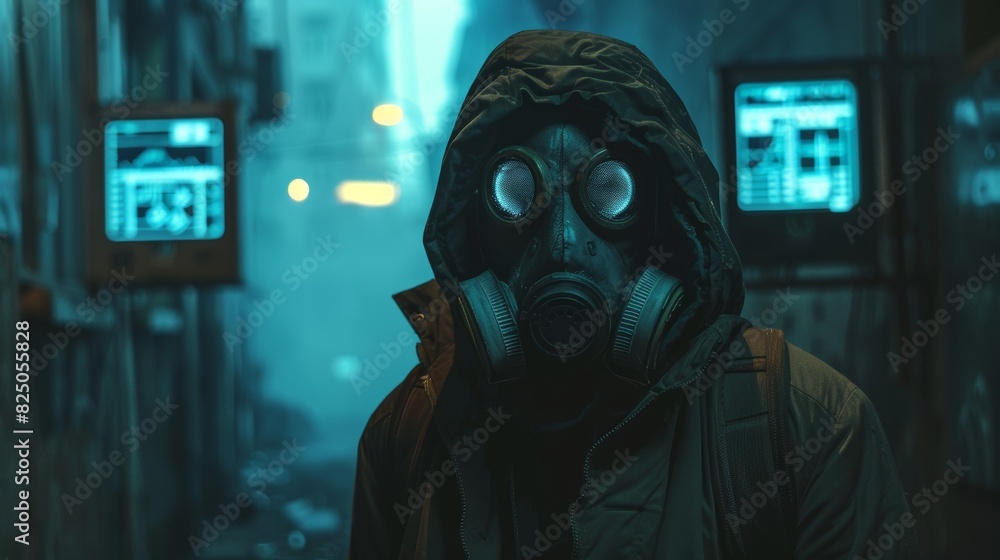 Close-up of a man wearing a gas mask in a dark alley, mysterious hacker in the background with glowing screens Close-up of a man wearing a gas mask in a dark alley, mysterious hacker in the background with glowing screens