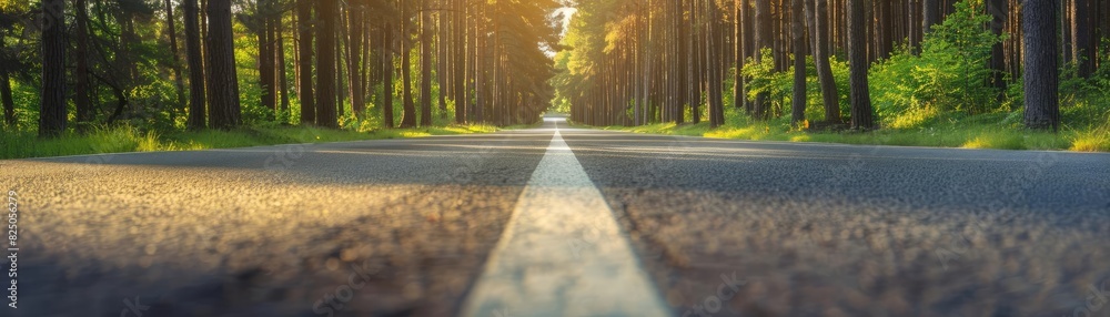 Fototapeta premium A scenic road through a lush forest with sunlight filtering through the trees, creating a peaceful and serene natural setting.