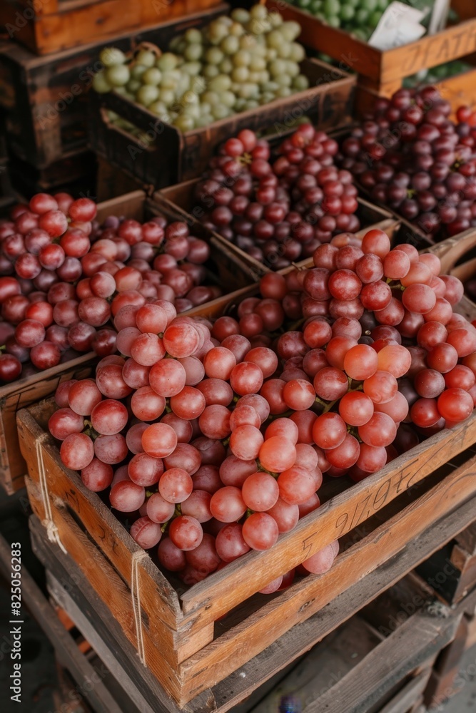 Vibrant grapes in wooden crates cozy warehouse setting for rustic food advertisement Vibrant grapes in wooden crates cozy warehouse setting for rustic food advertisement