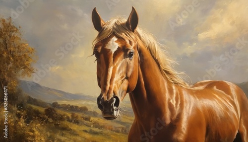 An exquisite painting of a chestnut horse  with its mane flowing  against the backdrop of a serene pastoral landscape and dramatic skies.