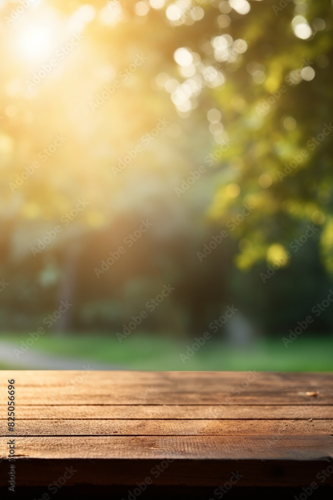 Rustic wooden table outdoors in a sunlit park with a bright green blurry background, perfect for product placement or promotional designs. Rustic wooden table outdoors in a sunlit park with a bright green blurry background, perfect for product placement or promotional designs.