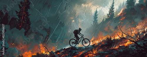 A dark fantasy painting of an evil man on his mountain bike in the middle distance, surrounded by burning trees and smoke, rain falling from above, in gloomy colors with rough brush strokes.