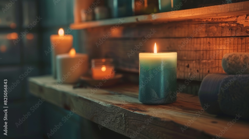 Burning scented candle on a rustic wooden shelf in a bathroom, dark background Burning scented candle on a rustic wooden shelf in a bathroom, dark background