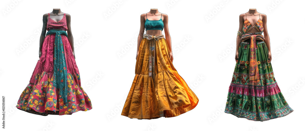 Unreal Engine 3D Fusion of Traditional and Modern Fashion, Skirt_Garment, Velvet_Fabric, Solid_Pattern, Jewel_Tone_Color, Belt_Accessory, Fashion_Show_Setting, Daytime_Time, Casual_Mood,