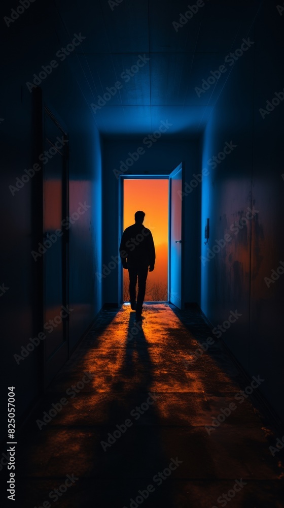Silhouette of a person walking down a dark hallway towards an illuminated doorway, creating a mysterious and ethereal scene with contrast in light and shadow. Silhouette of a person walking down a dark hallway towards an illuminated doorway, creating a mysterious and ethereal scene with contrast in light and shadow.
