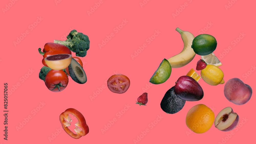 custom made wallpaper toronto digitalSplash of fresh fruits and vegetables on isolated bright pink background.