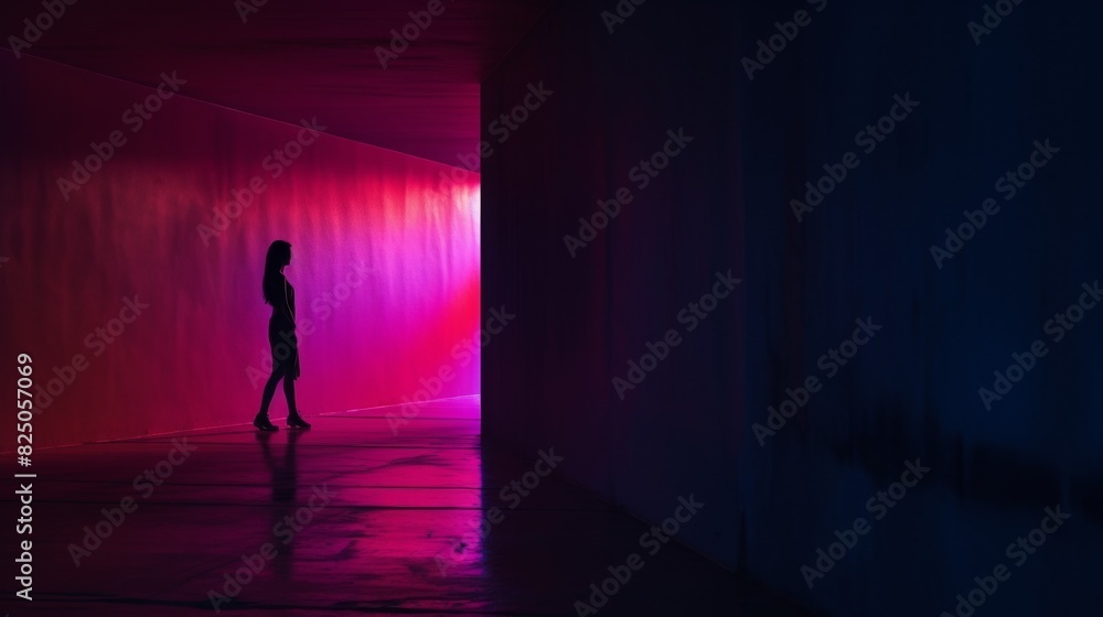 Silhouette of a person walking through a dimly lit tunnel with vibrant red and purple lights creating a mysterious ambiance. Silhouette of a person walking through a dimly lit tunnel with vibrant red and purple lights creating a mysterious ambiance.