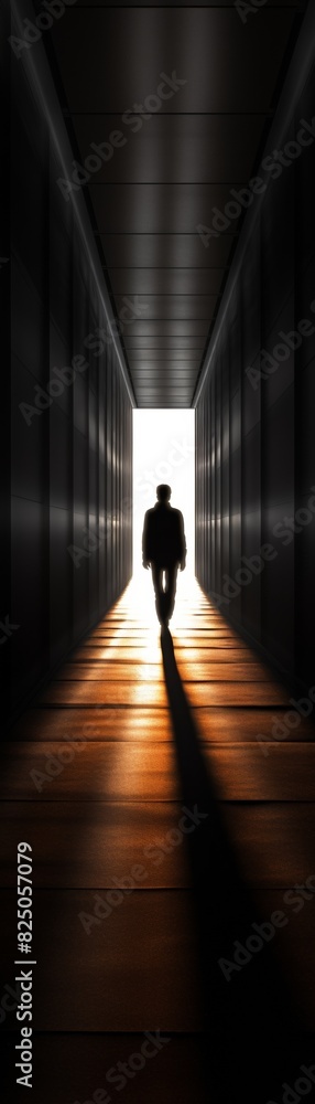 Silhouette of a person walking through a dark corridor into the light, creating a dramatic and mysterious atmosphere. Silhouette of a person walking through a dark corridor into the light, creating a dramatic and mysterious atmosphere.