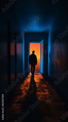 Silhouette of a person walking down a dark hallway towards an illuminated doorway  creating a mysterious and ethereal scene with contrast in light and shadow.