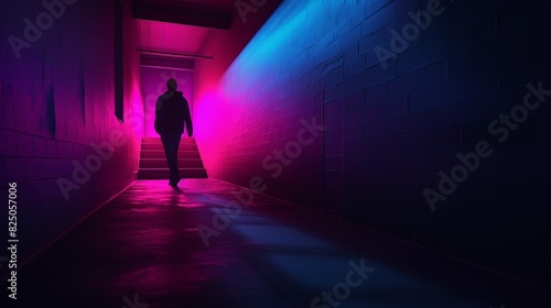 Silhouette of a person walking down a dark passageway illuminated by vibrant pink and blue lighting  creating a mysterious atmosphere.
