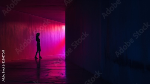 Silhouette of a person walking through a dimly lit tunnel with vibrant red and purple lights creating a mysterious ambiance.