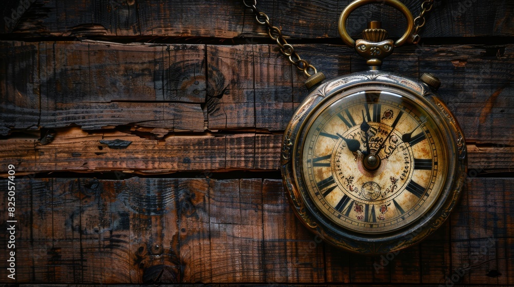 Antique clock with intricate designs, suspended from a chain, in front of a weathered wooden backdrop, studio lighting