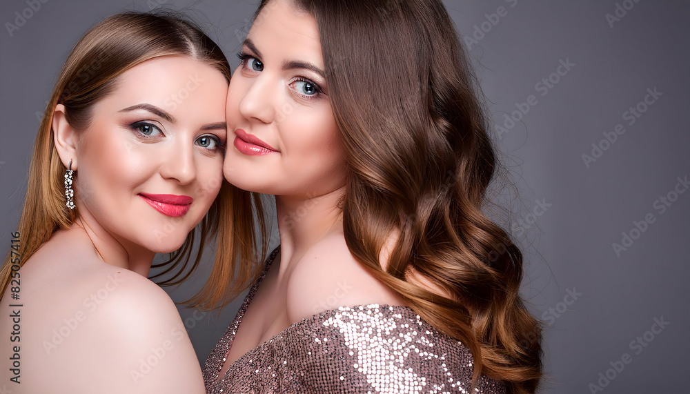 Beautiful plus size women portrait, two models with shining skin on digital art concept. Beautiful plus size women portrait, two models with shining skin on digital art concept.