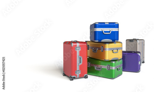 Colorful luggage stacked on white background
