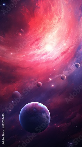 Stunning outer space scene with vibrant nebula and multiple planets in a colorful cosmic landscape, perfect for science fiction and astronomy themes.