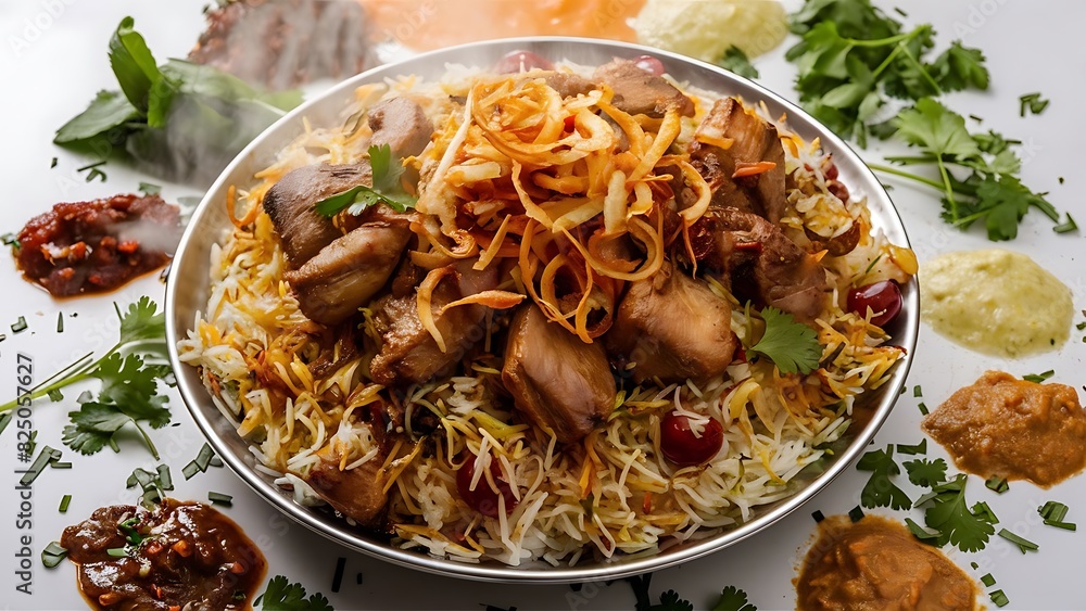 A mouth-watering, close-up food photograph of a steaming plate of biryani A mouth-watering, close-up food photograph of a steaming plate of biryani