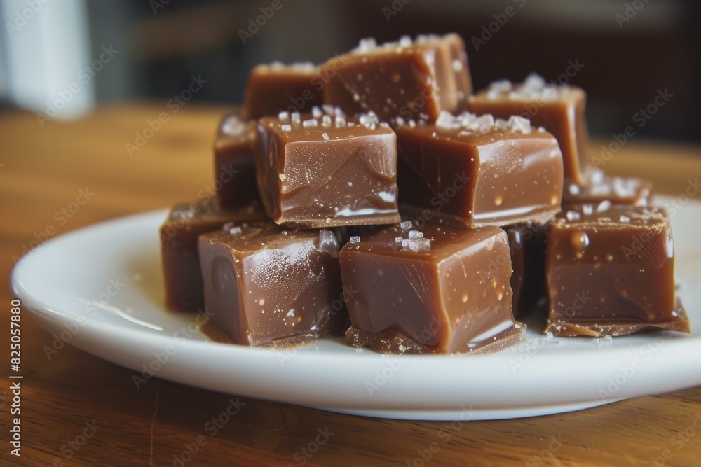 Close-up of delectable salted caramel pieces on a white plate with a wooden backdrop Close-up of delectable salted caramel pieces on a white plate with a wooden backdrop