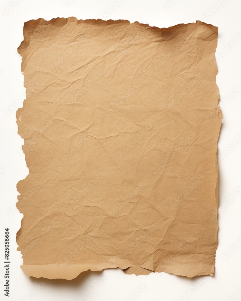 Wrinkled brown parchment paper with torn edges on a white background, perfect for vintage or rustic design projects. Wrinkled brown parchment paper with torn edges on a white background, perfect for vintage or rustic design projects.