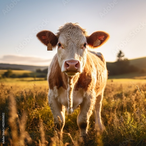 Young cow standing in a sunlit field, captured during golden hour in the countryside, showcasing rural farm life and natural beauty.