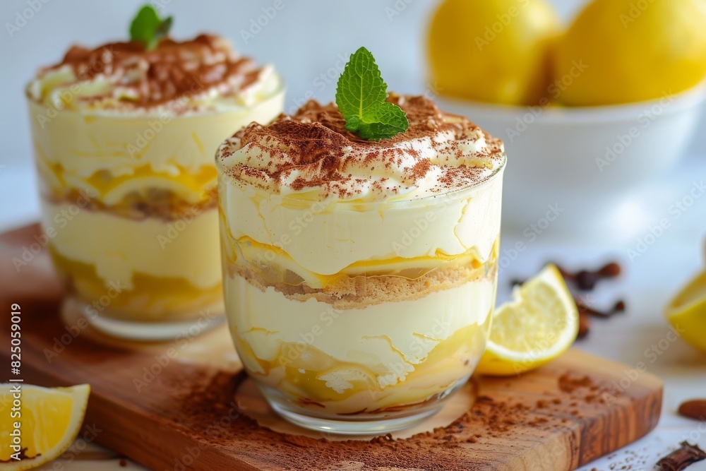 lemon tiramisu no-bake layered summer dessert in glass on wooden table lemon tiramisu no-bake layered summer dessert in glass on wooden table