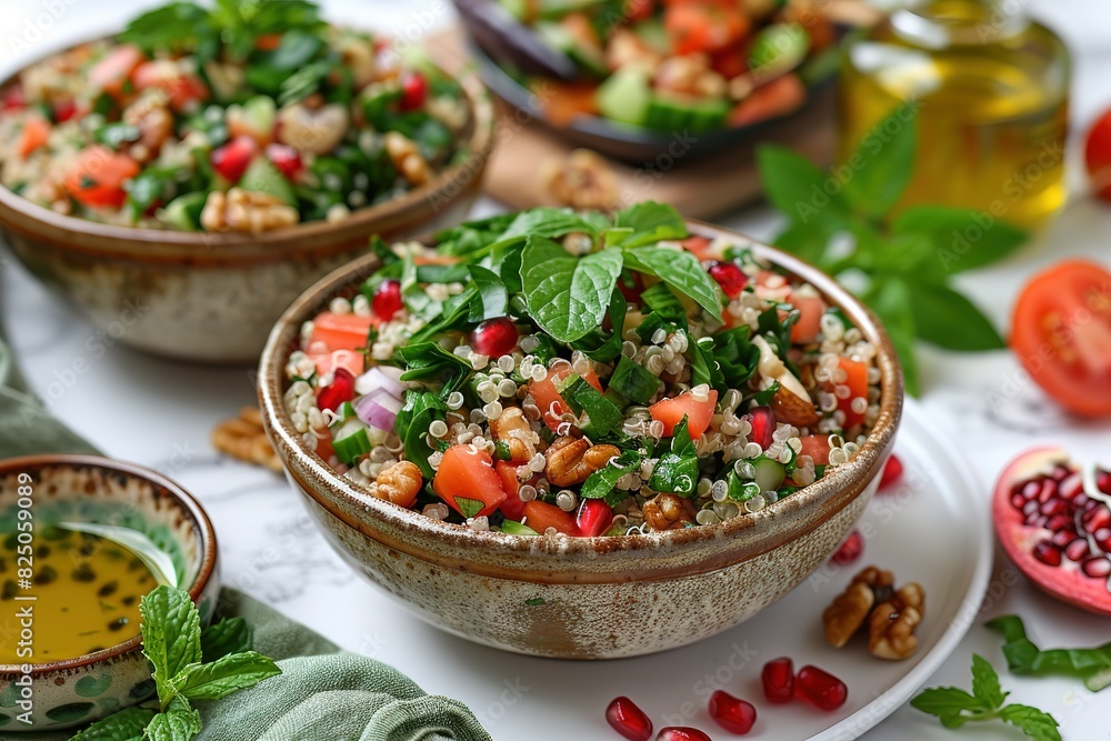 A bowl of salad with walnuts and tomatoes sits on a table A bowl of salad with walnuts and tomatoes sits on a table