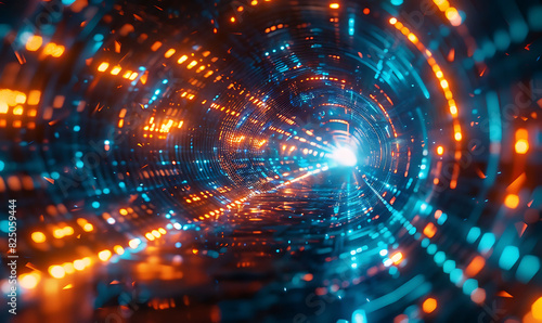 Abstract and futuristic image representing global data exchange  featuring a tunnel-like effect with vibrant blue and orange lights  emphasizing high-speed data transfer and advanced technology