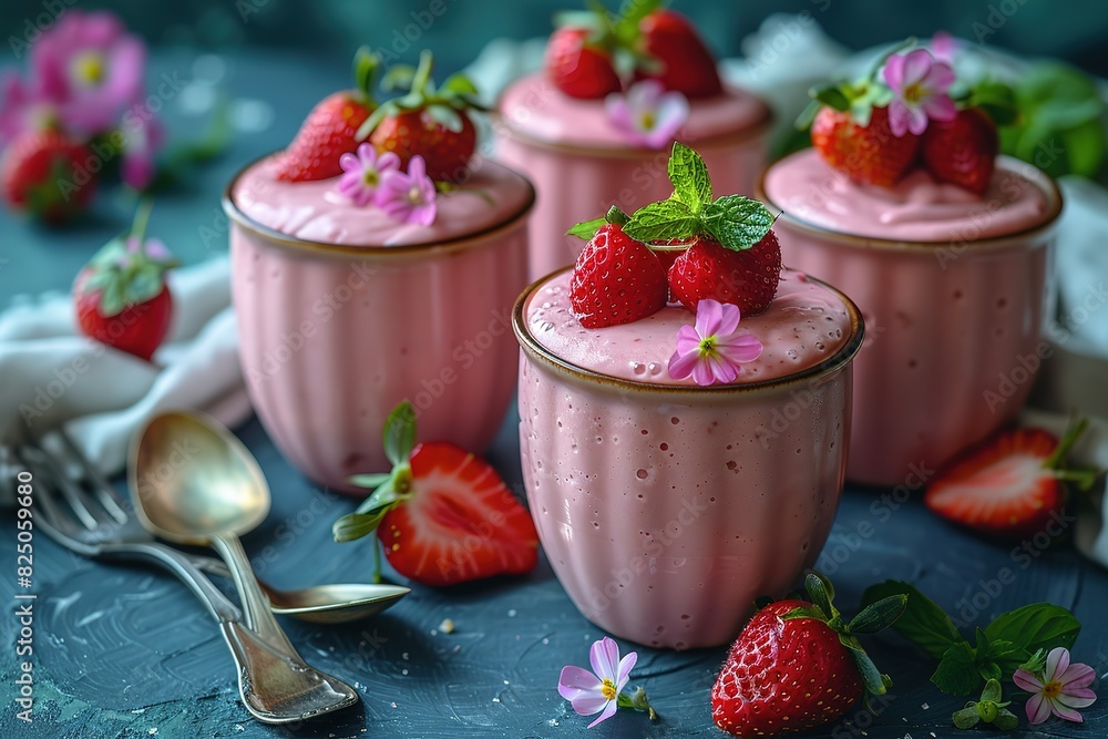 A close up of four pink strawberry desserts with green leaves on top A close up of four pink strawberry desserts with green leaves on top