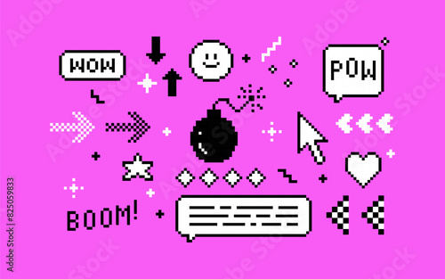 Set of pixel art elements. Pixel bomb, speech bubbles, arrow, star, cursor. Text wow, boom, pow. Vintage design. Y2k trendy stickers. Mood of 90's aesthetics. 8-bit retro style vector illustration