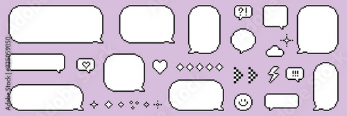 Set of empty pixel speech bubbles. Pxelated dialogue box. Ballon. 8-bit retro style vector illustration. UI. Y2k trendy stickers. Mood of 90's aesthetics
