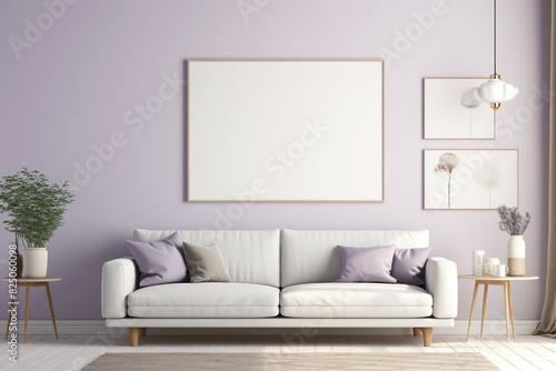 A modern living space in soft lavender tones  featuring a minimalist sofa and a blank white frame mockup hanging on the wall.