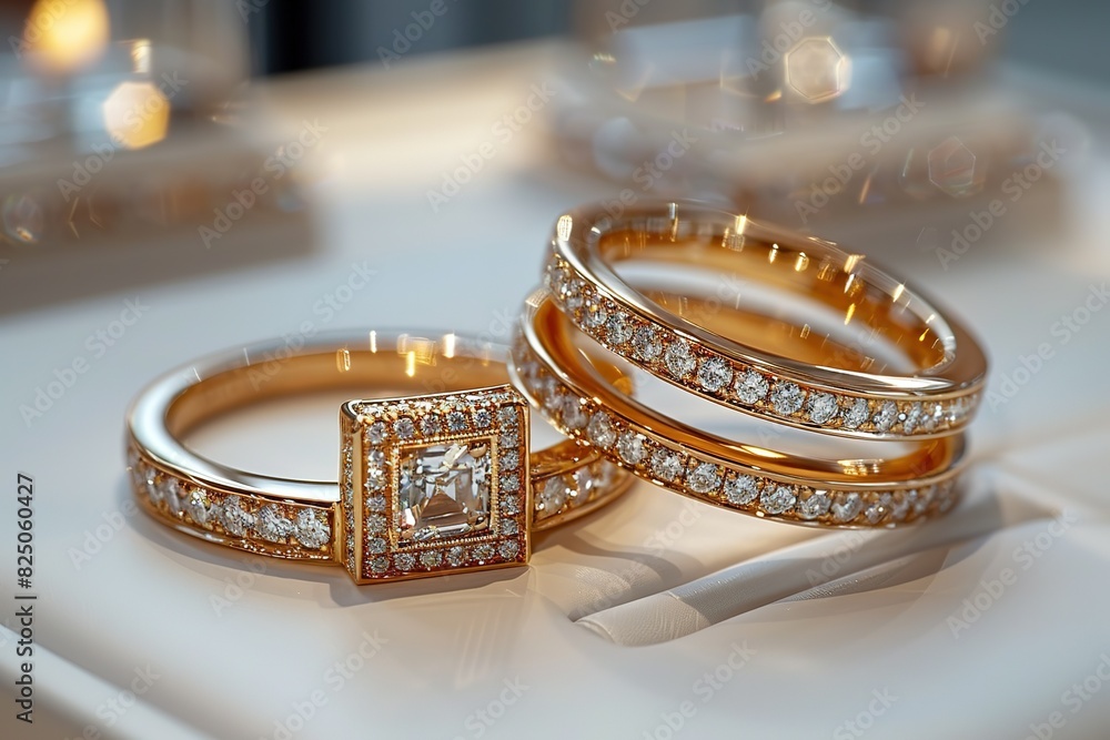 A couple of gold and diamond rings are displayed on a white background A couple of gold and diamond rings are displayed on a white background