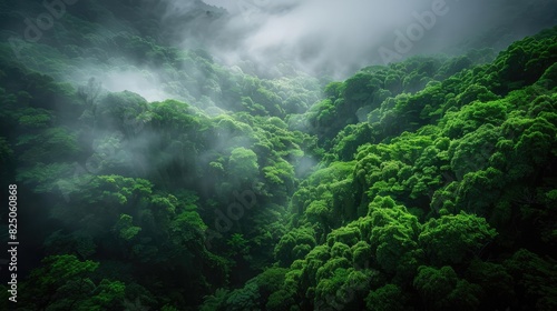 Lush green forest covered in mist, creating a serene and captivating natural landscape. Perfect for nature lovers and environmental themes. © Jiraporn