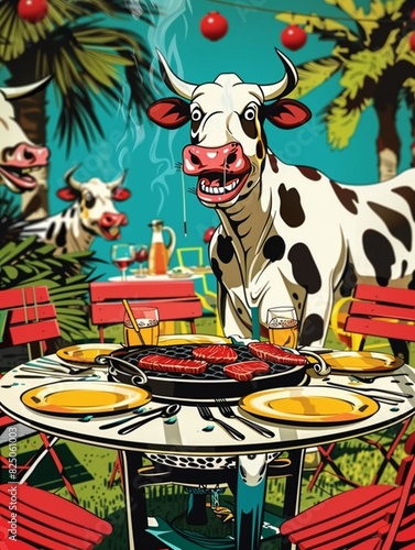 A cartoon cow wearing a pink apron is grilling steaks on a hibachi grill while smoking a cigar and holding a martini glass in the other hand. photo