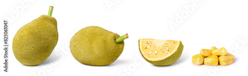 Jackfruit with half slice isolated on white background.