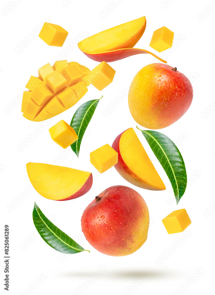 Whole and half slice of yellow ripe red mango with green leaf flying in the air isolated on white background. Whole and half slice of yellow ripe red mango with green leaf flying in the air isolated on white background.