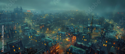 Unreal Engine 3D Unusual Aerial View of a City, Neon_Lit_Cityscape, Dawn_Time, Stormy_Weather, Panoramic_Perspective, Dark_Colors, Residential_Activity, Enhanced_Detail_Visual_Effects, Isolated_Mood, © TakujiArt