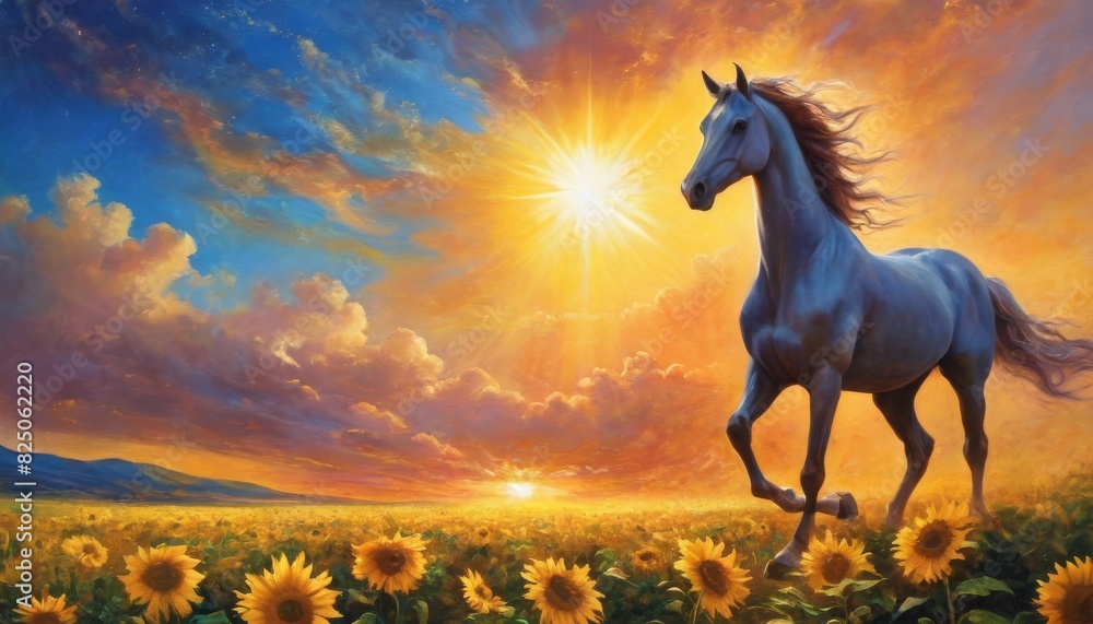 A silvery horse gallops freely through a sunflower field, with a radiant sunrise casting a golden glow over the scene.