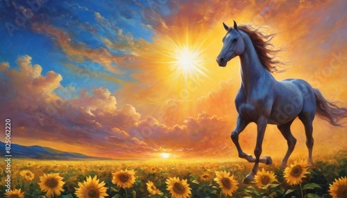 A silvery horse gallops freely through a sunflower field, with a radiant sunrise casting a golden glow over the scene.