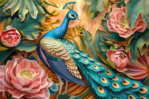 3d mural peacock illustration background with golden jewelry and flowers