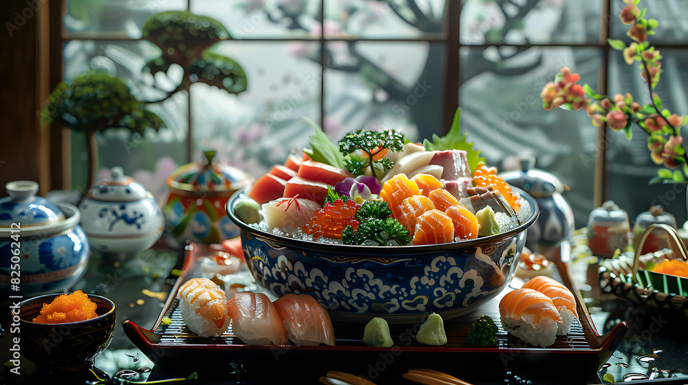 Japanese Food Opulence: Digital Art of High End Dining Experience with Photo Realistic Glossy Presentation in Adobe Stock