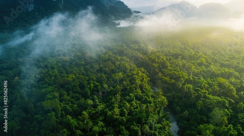 Aerial view of lush green rainforest with misty mountains in the background  creating a serene and untouched natural landscape.
