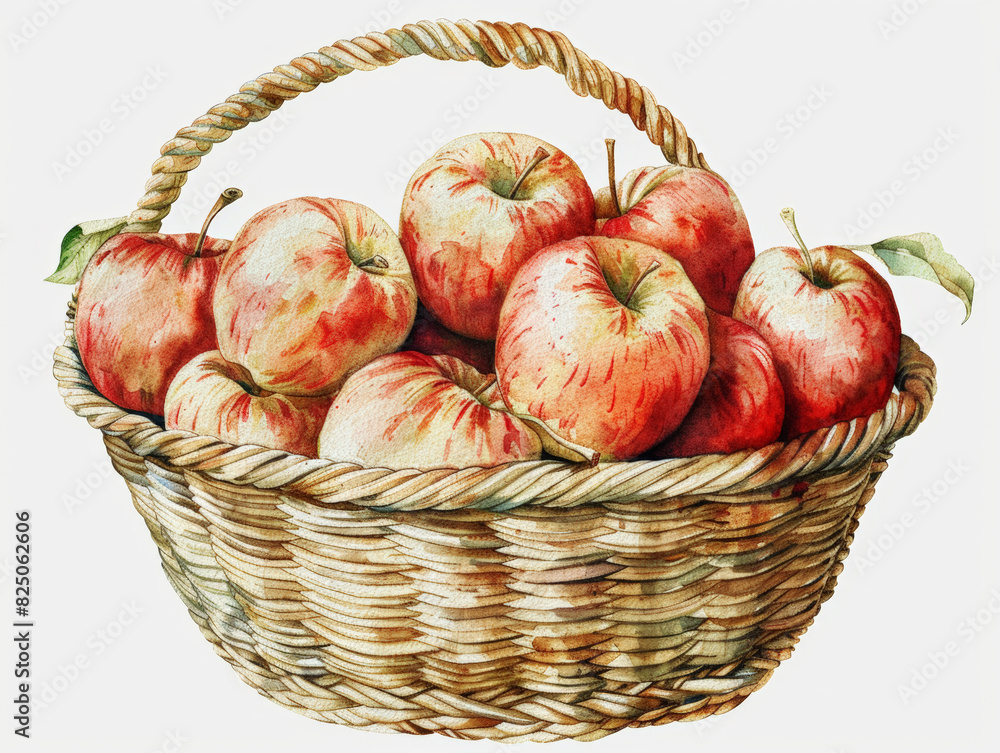 Basket of apples, detailed fruit and basket texture, isolated on white background, watercolor style, PNG dicut Basket of apples, detailed fruit and basket texture, isolated on white background, watercolor style, PNG dicut