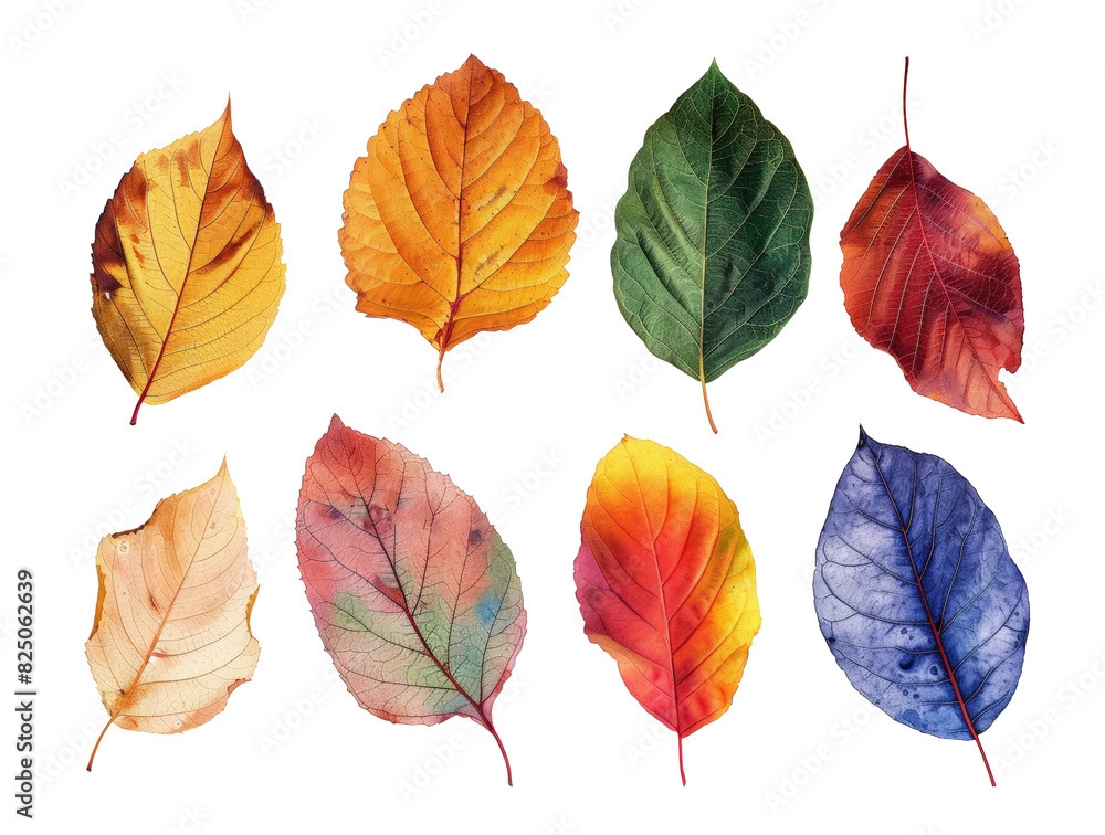 Collection of fallen leaves, assorted colors, detailed veins, isolated on white background, watercolor style
