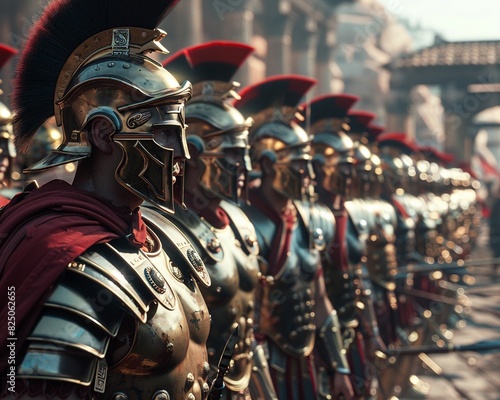A legion of Roman soldiers in formation, wearing armor and helmets, carrying shields and spears.