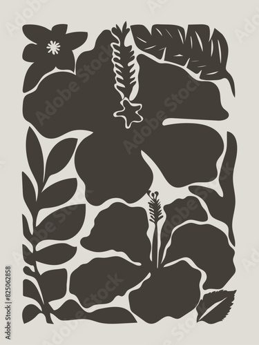 Abstract botany print in naive art style. Trendy retro poster with hibiscus flowers and leaves in monochrome style. 70s style groovy design for wall prints.