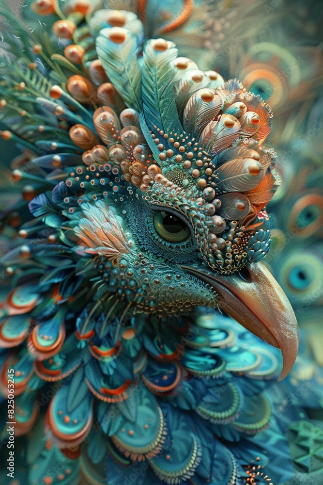 Obraz premium A peacock with blue and green feathers and a golden beak.