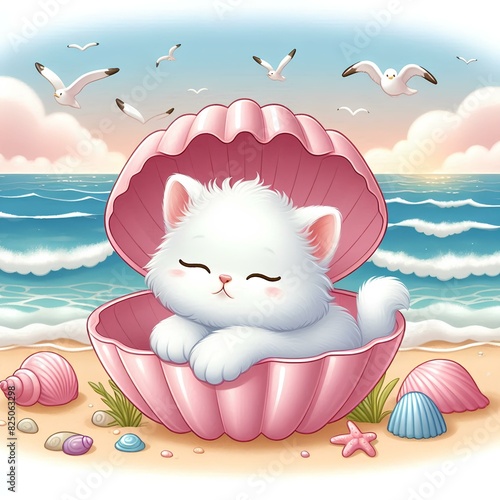 Cat Sweet Dreams on the Seashore, This adorable illustration captures the charm of a fluffy white kitten peacefully napping inside a giant pink seashell on a sunny beach, children's books photo