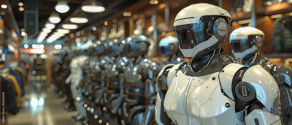 Fototapeta premium Unreal Engine 3D Daily Interaction with Robots, Retail_Store_Environment, Household_Robot, Repairing_Activity, Shoppers_User, Break_Time, Wearable_Technology, Rugged_Design_Visual_Effects,