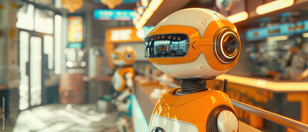 Fototapeta premium Unreal Engine 3D Daily Interaction with Robots, Retail_Store_Environment, Household_Robot, Repairing_Activity, Shoppers_User, Break_Time, Wearable_Technology, Rugged_Design_Visual_Effects,