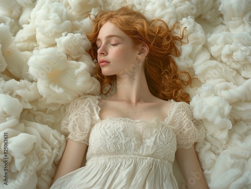 world sleep day. Picture of a sleeping woman surrounded by dreamy white clouds with more space around,